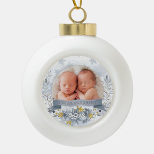 Grootouder Eerste Kerstmis Blauw Gold Floral Foto Keramische Bal Ornament