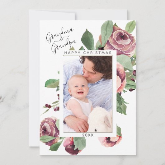 Grootouder kerstfoto Floral Wreator Feestdagenkaart (Voorkant)
