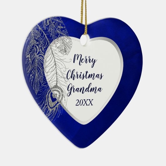 Grootouder Silver Feather Blue Heart Kerstmis Keramisch Ornament (Rechts)