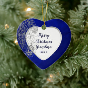 Grootouder Silver Feather Blue Heart Kerstmis Keramisch Ornament