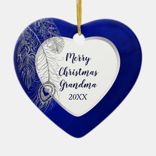 Grootouder Silver Feather Blue Heart Kerstmis Keramisch Ornament (Voorkant)