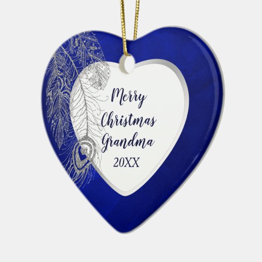Grootouder Silver Feather Blue Heart Kerstmis Keramisch Ornament (Links)