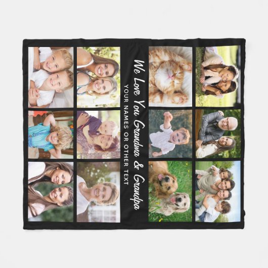 Grootouders 12 Foto Collage Zwart Fleece Deken (Voorkant (Horizontaal))