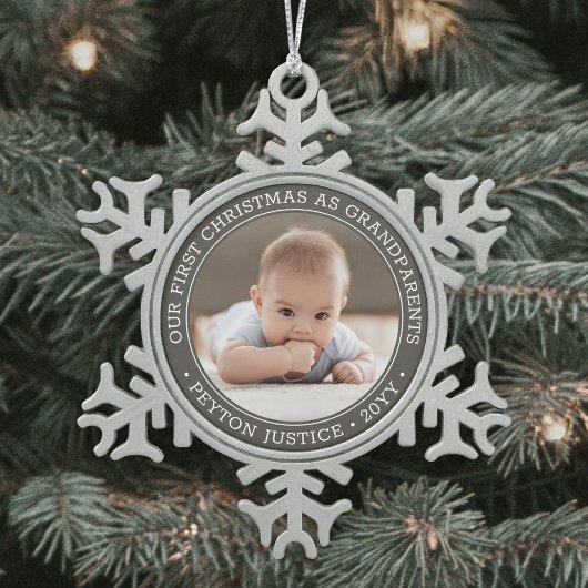 Grootouders 1 Kerstmis Baby Foto grijs en wit Tin Sneeuwvlok Ornament