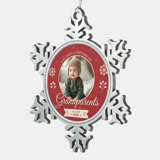Grootouders 1e eerste kerstfoto tin sneeuwvlok ornament (Rechts)