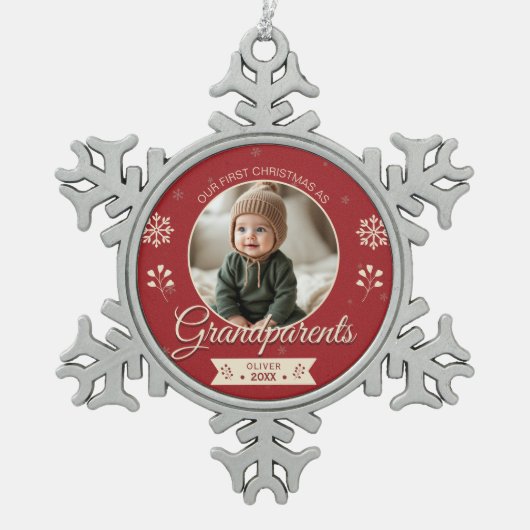 Grootouders 1e eerste kerstfoto tin sneeuwvlok ornament (Voorkant)