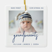 Grootouders 1e kerstfoto minimalistisch blauw keramisch ornament (Voorkant)