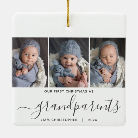 Grootouders 1e Kerstmis 3 Foto Grijs Script Keramisch Ornament (Achterkant)
