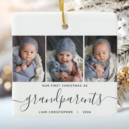 Grootouders 1e Kerstmis 3 Foto Grijs Script Keramisch Ornament