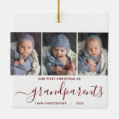 Grootouders 1e Kerstmis 3 Foto Rood Script Keramisch Ornament (Achterkant)