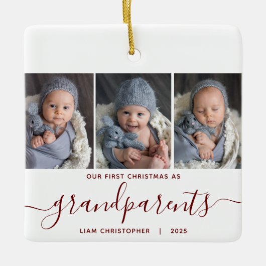 Grootouders 1e Kerstmis 3 Foto Rood Script Keramisch Ornament (Voorkant)