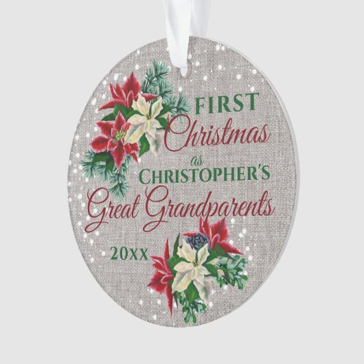 Grootouders 1e Kerstmis Poinsettia Burlap Ornament (voorkant)