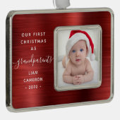 Grootouders 1ste kerstfoto Rood geborsteld metaal Verzilverd Omlijst Ornament (Rechts)