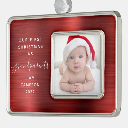 Grootouders 1ste kerstfoto Rood geborsteld metaal Verzilverd Omlijst Ornament (Links)