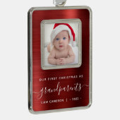 Grootouders 1ste kerstfoto Rood geborsteld metaal Verzilverd Omlijst Ornament (Rechts)