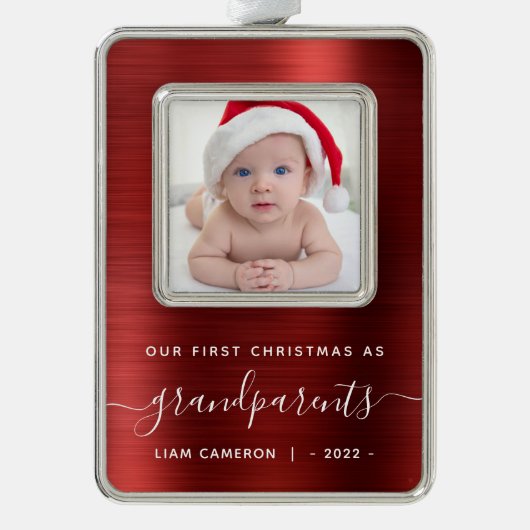 Grootouders 1ste kerstfoto Rood geborsteld metaal Verzilverd Omlijst Ornament (Voorkant)