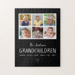 Grootouders 6 Foto Collage Persoonlijk Zwart Legpuzzel<br><div class="desc">Deze keepaardpuzzel is een leuk cadeau voor grootouders. Het is voorzien van een lijst collage van 6 foto's voor afbeeldingen hun kleinkinderen. Het ontwerp biedt douanetekst voor de namen van de kleinkinderen aan. De achtergrondkleur is zwart.</div>