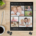 Grootouders 6 Foto zwart Legpuzzel<br><div class="desc">Geef de beste grootouders een leuk cadeau met deze aangepaste foto-collage zwarte puzzel. Je kunt je personaliseren met zes familiefoto's van kleinkinderen, familieleden, huisdieren, enz., en je kunt de expressie aanpassen aan "Ik hou van je" of "We houden van je" en hoe ze worden benaderd "Oma & Oma", "Mam en...</div>