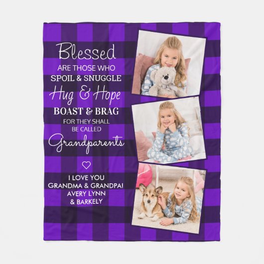 Grootouders Citaat Aangepast 3 Foto Paars geplakt Fleece Deken (Voorkant)