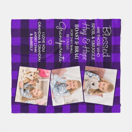 Grootouders Citaat Aangepast 3 Foto Paars geplakt Fleece Deken (Voorkant (Horizontaal))