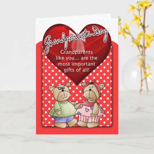 Grootouders Dag Kaart - rood en wit Polka Dot Wi (Gele Bloem)