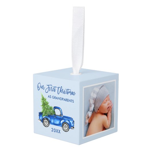 Grootouders eerste kerstblauwe truck foto decoratie (Voorkant hoekig)
