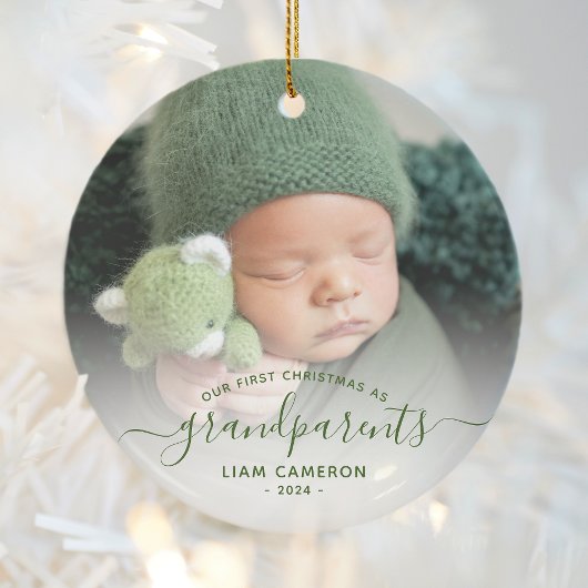Grootouders Eerste kerstfoto Groen script Keramisch Ornament