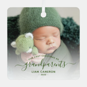 Grootouders Eerste kerstfoto Groen script Metalen Ornament