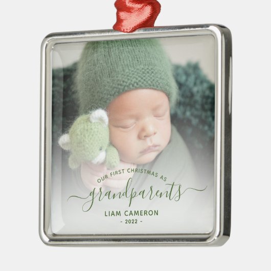 Grootouders Eerste kerstfoto Groen script Metalen Ornament (Links)