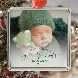 Grootouders Eerste kerstfoto Groen script Metalen Ornament