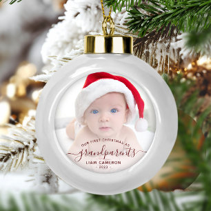 Grootouders Eerste kerstfoto Rood schrift Keramische Bal Ornament