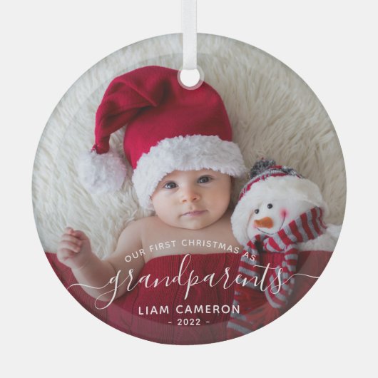 Grootouders Eerste kerstfoto White script Glas Ornament (Voorkant)