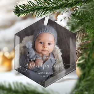 Grootouders Eerste kerstfoto White script Glas Ornament