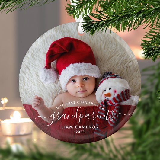 Grootouders Eerste kerstfoto White script Glas Ornament