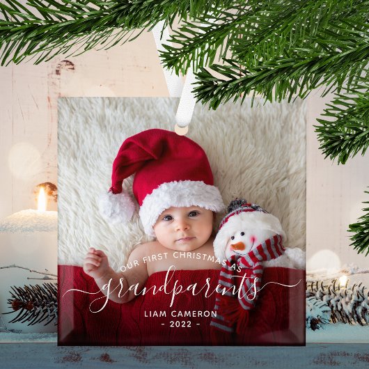 Grootouders Eerste kerstfoto White script Glas Ornament