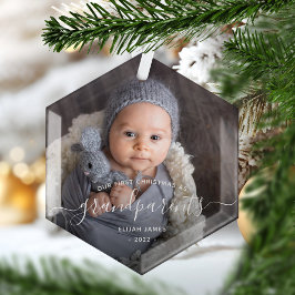 Grootouders Eerste kerstfoto White script Glas Ornament
