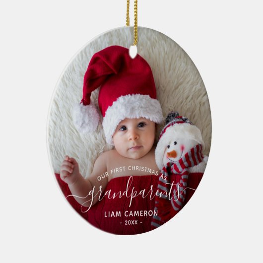 Grootouders Eerste kerstfoto White script Keramisch Ornament (Rechts)