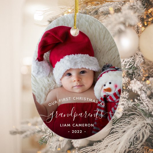 Grootouders Eerste kerstfoto White script Keramisch Ornament