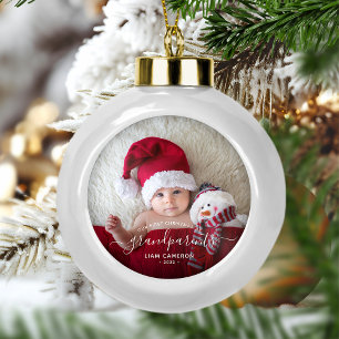Grootouders Eerste kerstfoto White script Keramische Bal Ornament