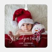 Grootouders Eerste kerstfoto White script Metalen Ornament (Achterkant)