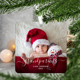 Grootouders Eerste kerstfoto White script Metalen Ornament