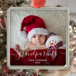 Grootouders Eerste kerstfoto White script Metalen Ornament