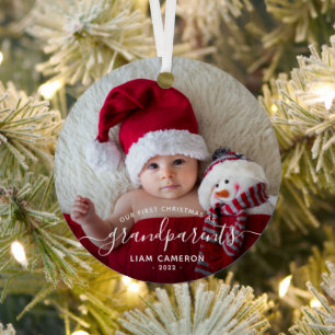 Grootouders Eerste kerstfoto White script Metalen Ornament