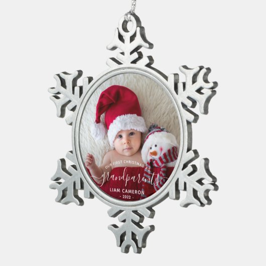 Grootouders Eerste kerstfoto White script Tin Sneeuwvlok Ornament (Rechts)
