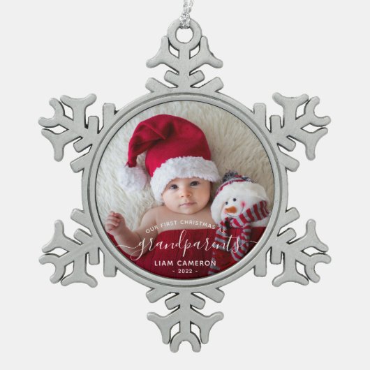 Grootouders Eerste kerstfoto White script Tin Sneeuwvlok Ornament (Voorkant)