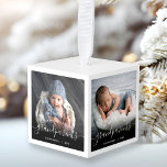 Grootouders Eerste Kerstmis 4 Foto wit script Decoratie<br><div class="desc">Help hen de komst van hun eerste kleinkind te vieren met deze mooie moderne keepaardsieraad. In de witte tekst staat "Ons eerste kerstfeest als grootouders" met het woord "grootouders" in elegant handschrift met een bloei voor en na. Vervang de vier afbeeldingen van de steekproef met uw favoriete vierkante foto's van...</div>