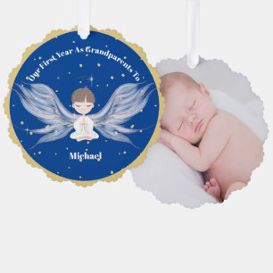Grootouders Eerste Kerstmis Foto Angel Gold Blue Ornament Kaart