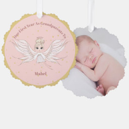 Grootouders Eerste Kerstmis Foto Angel Gold Pink Ornament Kaart