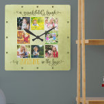 Grootouders Foto Collage Rustic Green Waterverf Vierkante Klok<br><div class="desc">Creëer uw eigen unieke wandklok voor grootouders met 8 van uw favoriete foto's. Met de hand geplakt in mooie kalligrafie staat de tekst: "De lach van een kleinkind is zonneschijn in het huis". Het ontwerp heeft een zachte groene achtergrond met olijfgroen en gele typografie. Uw afbeeldingen worden in vierkante vorm...</div>
