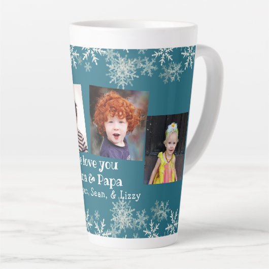 Grootouders Foto collage Snowflakes op blauw Latte Mok (Rechterhoek)